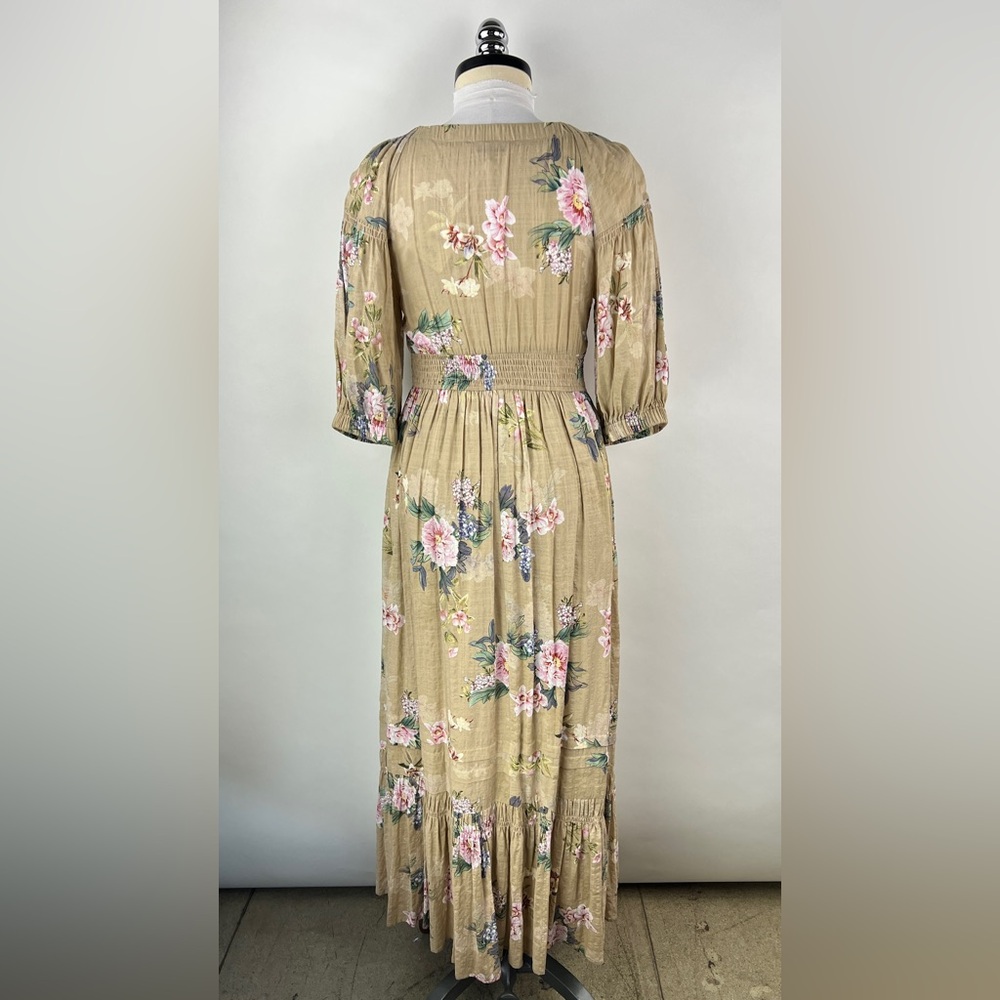 💚 3150. Empire Floral Tan Maxi Dress - Picture 2 of 9